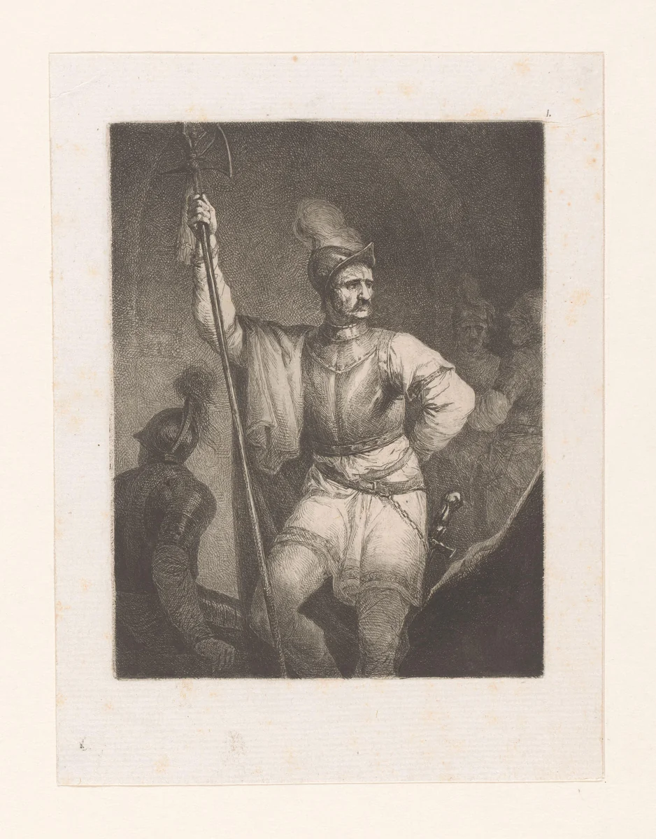 Soldaat met hellebaard en helm by Michał Płoński, print, 1802
