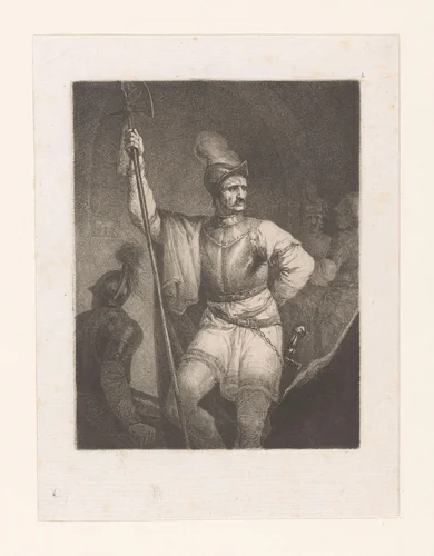 Soldaat met hellebaard en helm by Michał Płoński, print, 1802