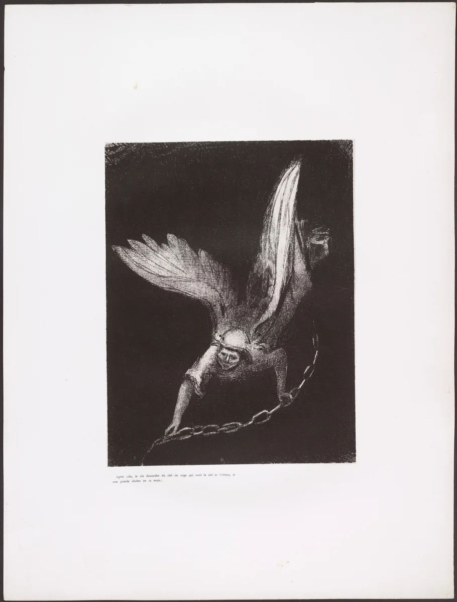And I Saw an Angel Coming down from Heaven, Having the Key of the Bottomless Pit and a Great Chain in His Hand (Après cela je vis descendre du ciel un ange qui avait la clef de l'abîme, et une grande chaine en sa main) from) Apocalypse of Saint John (Apocalypse de Saint-Jean) by Odilon Redon, print, 1899