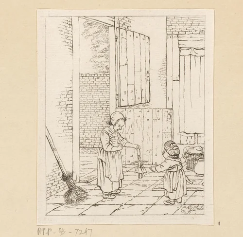 Twee meisjes spelend met een pop by Pieter de Mare, print, 1779