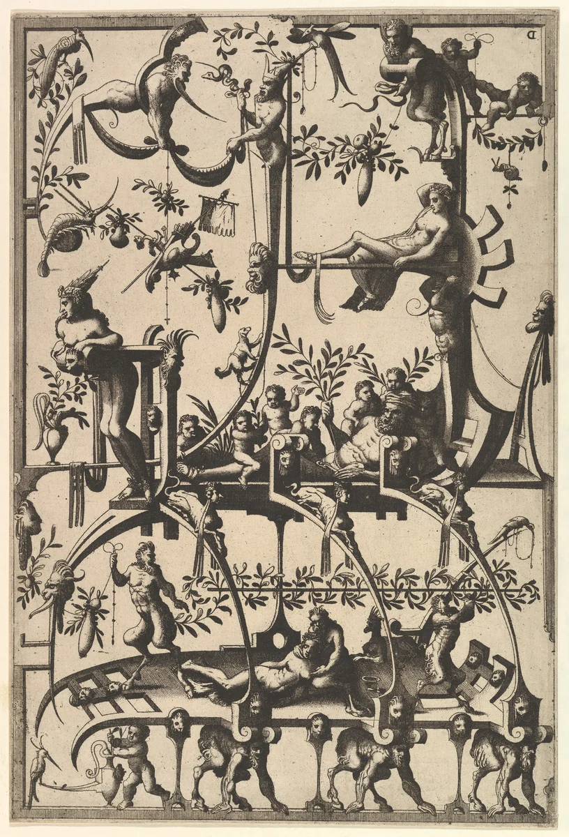 Surface Decoration, Grotesque with Strapwork, Borne by Satyrs from Veelderleij Veranderinghe van grotissen ende Compertimenten...Libro Primo by Johannes van Doetecum, book, 1556