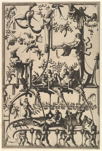 Surface Decoration, Grotesque with Strapwork, Borne by Satyrs from Veelderleij Veranderinghe van grotissen ende Compertimenten...Libro Primo by Johannes van Doetecum, book, 1556