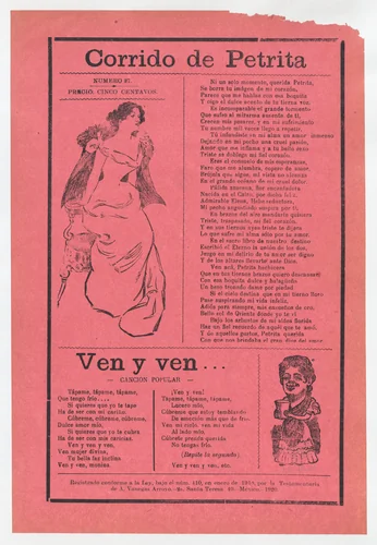 Broadsheet with two different love songs, woman wearing an evening gown sitting on the edge of her seat and another woman holding a cup by José Guadalupe Posada, print, 1915-1925