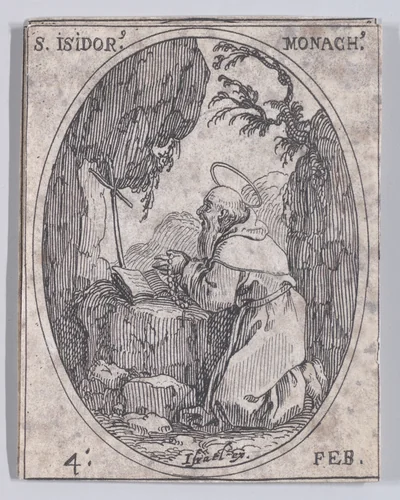 S. Isidore, moine (St. Isidore, Monk), February 4th, from "Les Images De Tous Les Saincts et Saintes de L'Année" (Images of All of the Saints and Feast Days of the Year) by Jacques Callot, print, 1636