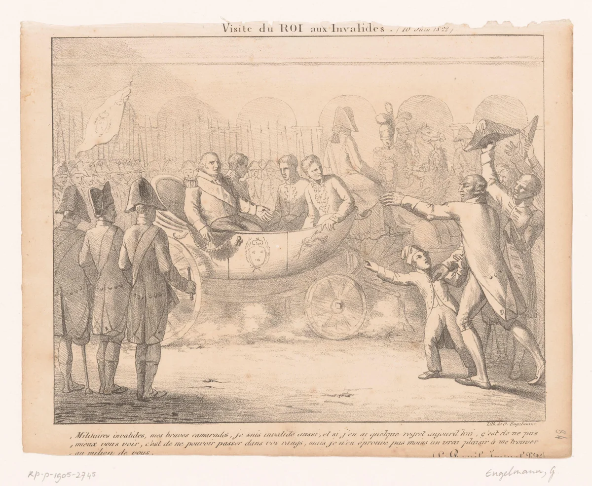 Koning Lodewijk XVIII van Frankrijk brengt een bezoek aan Les Invalides by anonymous, print, 1822