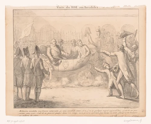 Koning Lodewijk XVIII van Frankrijk brengt een bezoek aan Les Invalides by anonymous, print, 1822