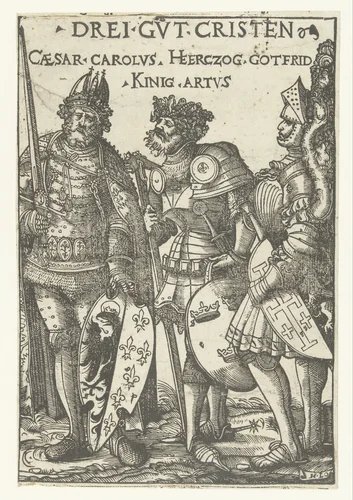 Karel de Grote, Godfried IV van Bouillon en Koning Arthur als drie christelijke helden by Monogrammist HL, print, 1516-1581