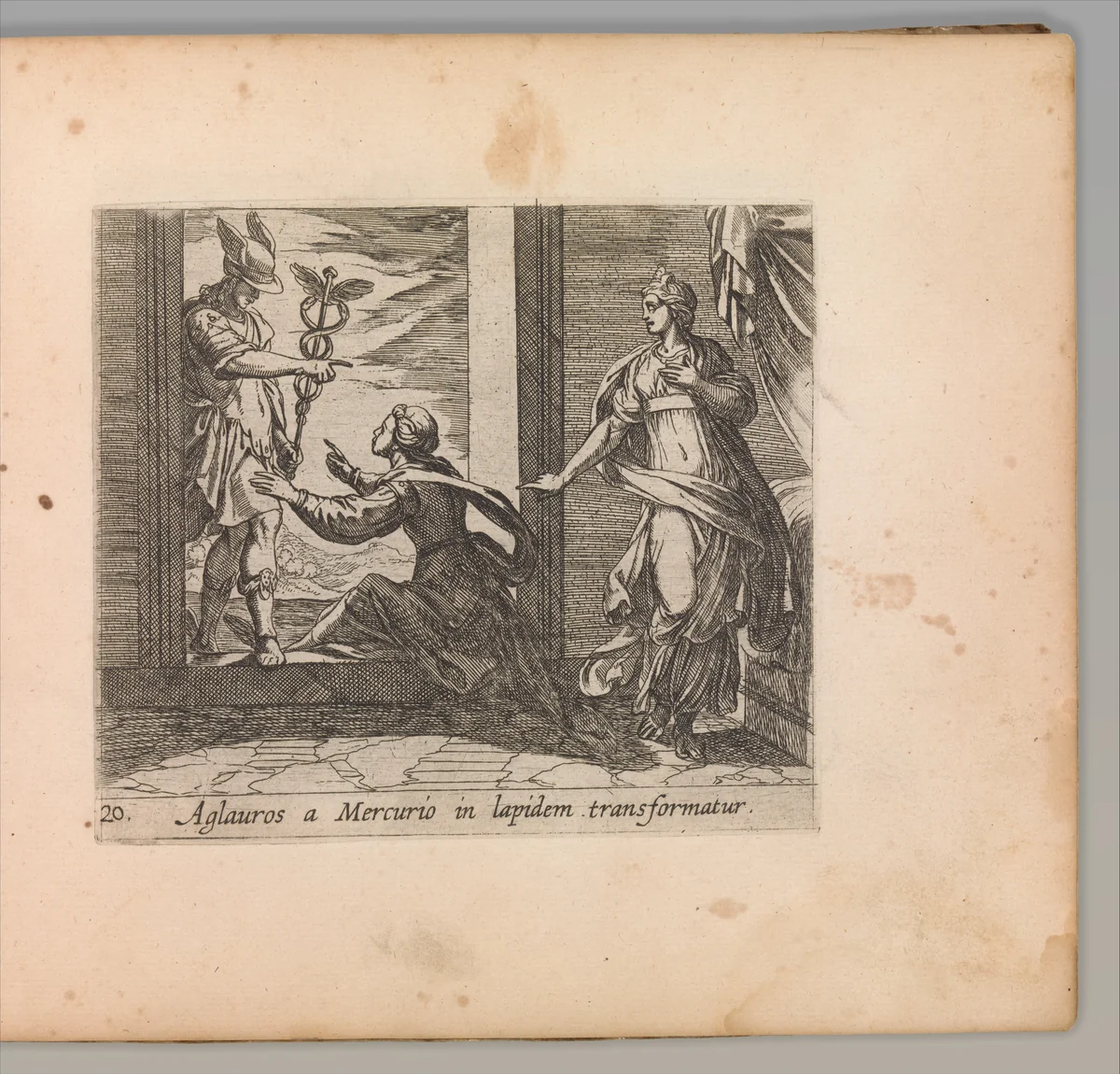 Mercury Turning Aglauros to Stone (Aglauros a Mercurio in lapidem transformatur), plate 20 from "The Metamorphoses of Ovid" (Metamorphosean Sive Transformationum) by Antonio Tempesta, print, 1606-1620