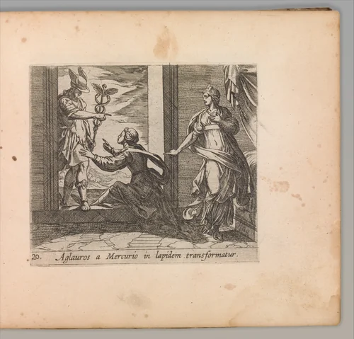 Mercury Turning Aglauros to Stone (Aglauros a Mercurio in lapidem transformatur), plate 20 from "The Metamorphoses of Ovid" (Metamorphosean Sive Transformationum) by Antonio Tempesta, print, 1606-1620