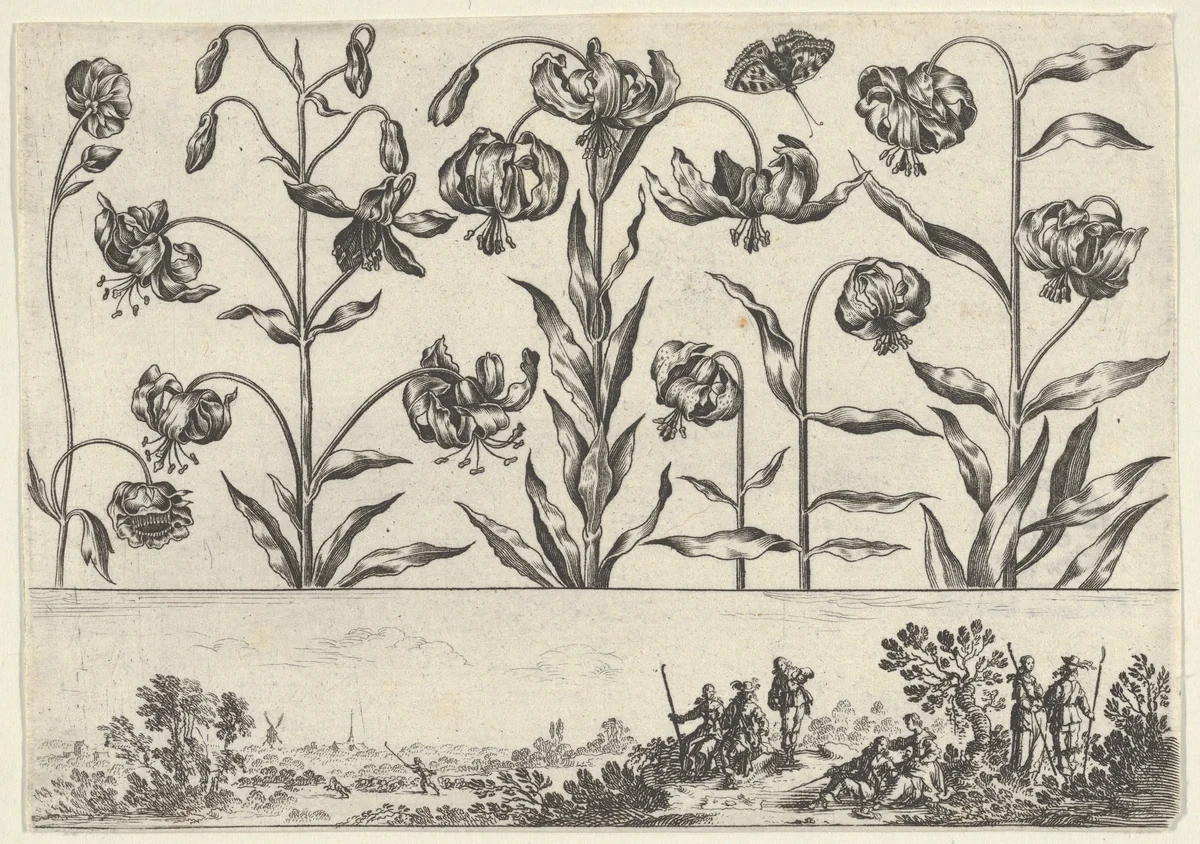 Horizontal Panel with a Row of Flowers Above a Frieze with Figures in a Landscape, from "Livre Nouveau de Fleurs Tres-Util" by Nicolas Cochin, print, 1645