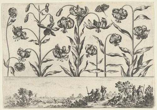 Horizontal Panel with a Row of Flowers Above a Frieze with Figures in a Landscape, from "Livre Nouveau de Fleurs Tres-Util" by Nicolas Cochin, print, 1645
