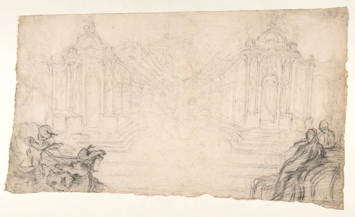 Design for a Festival Display of Fireworks (recto); Small Figures by a different hand (verso) by Laurent Hubert, drawing, 1675-1785