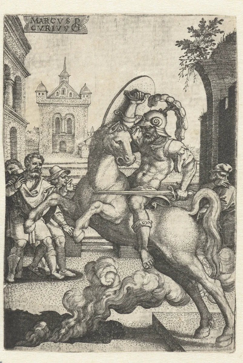 Marcus Curtius stort zich in een kloof by Unknown, print, 1535