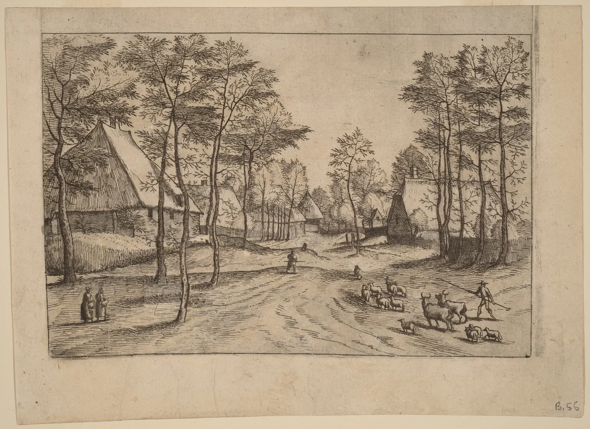 Village Street by Johannes van Doetechum; Lucas van Doetechum; Master of the Small Landscapes, print, 1559-1561