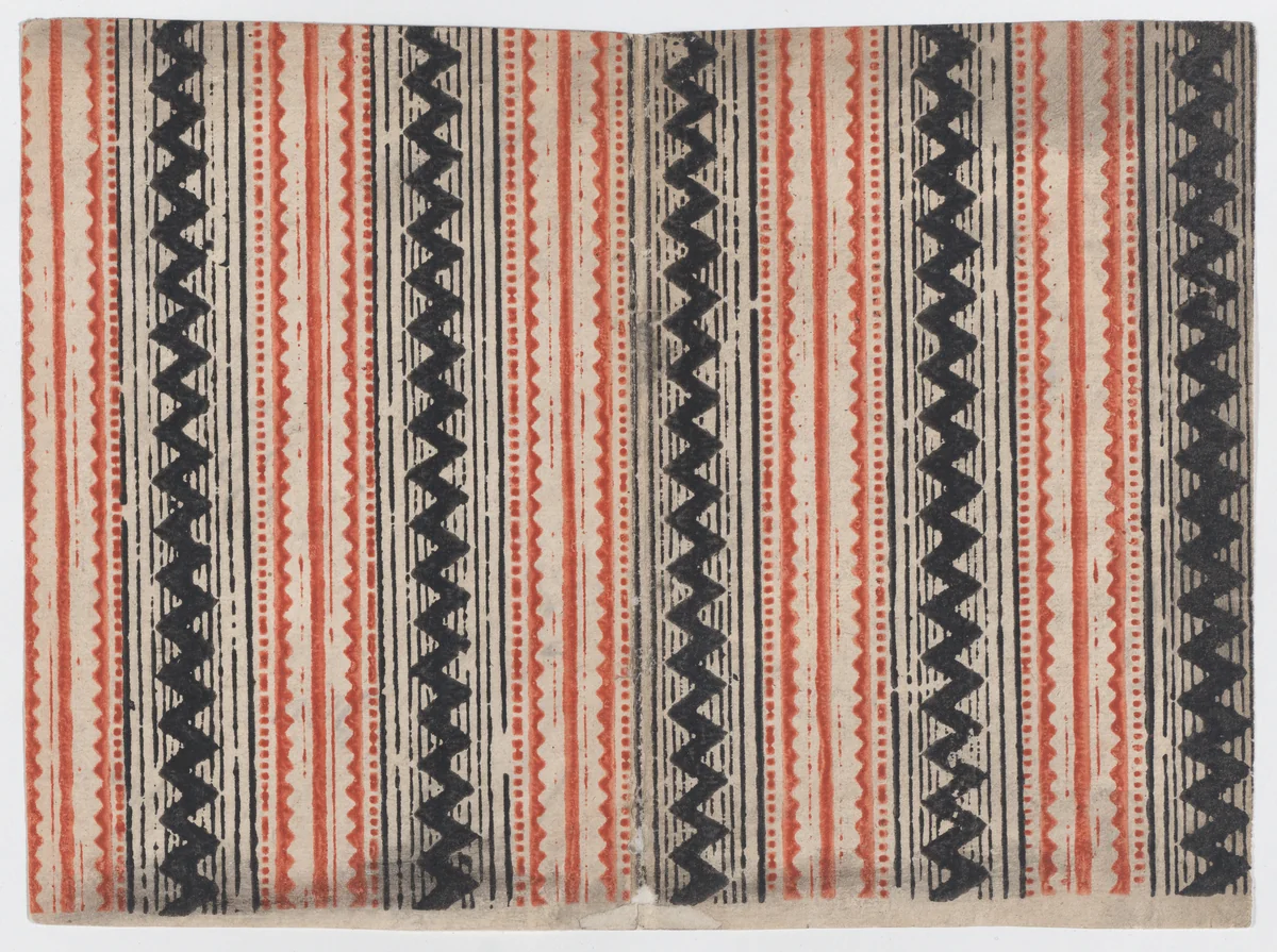 Sheet with overall zig zag and stripe pattern by anonymous, print, 1800-1900