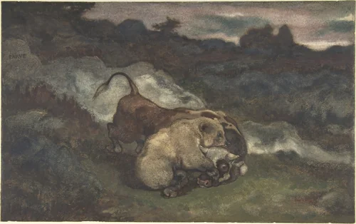Bear Killing a Bull by Antoine-Louis Barye, drawing, 1810-1875
