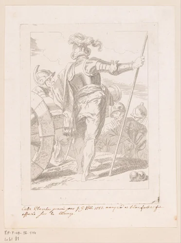 Soldaat leunend op een kanon by Johann Georg Wille, print, 1753