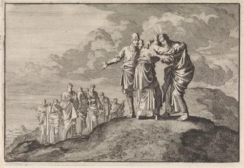 Mozes neemt afscheid van Eleazar en Jozua by Jan Luyken, print, 1704