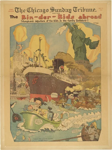 The Kin-der-Kids Abroad: Triumphant Departure of the Kids, in the Family Bathtub!! from The Chicago Sunday Tribune by Lyonel Feininger, print, 1906