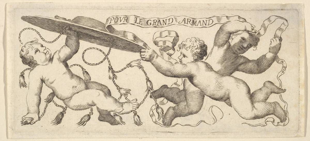 Headband: Two Infants with a Cardinal's Hat, a Third with a Banderole by Claude Mellan, print, 1600-1688