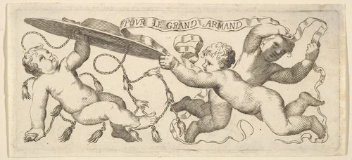 Headband: Two Infants with a Cardinal's Hat, a Third with a Banderole by Claude Mellan, print, 1600-1688