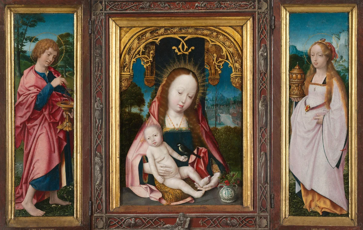 Triptych with Virgin and Child, Saint John the Evangelist (left wing) and Mary Magdalene (right wing) by Jan Provoost, painting, 1505-1525
