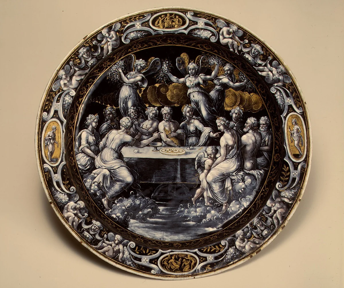 Round Dish with the Wedding Feast of Cupid and Psyche by Leonard Limousin, decorative art, 1562