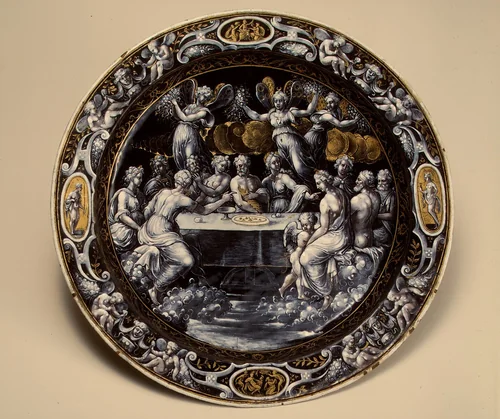 Round Dish with the Wedding Feast of Cupid and Psyche by Leonard Limousin, decorative art, 1562