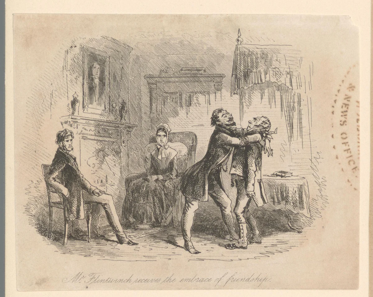 Blandois omhelst Jeremiah Flintwinch, die achteruit deinst by Hablot Knight Browne, print, 1856