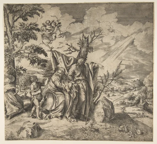 The rest of the Holy Family on their flight to Egypt by Giulio Bonasone, print, 1531-1576
