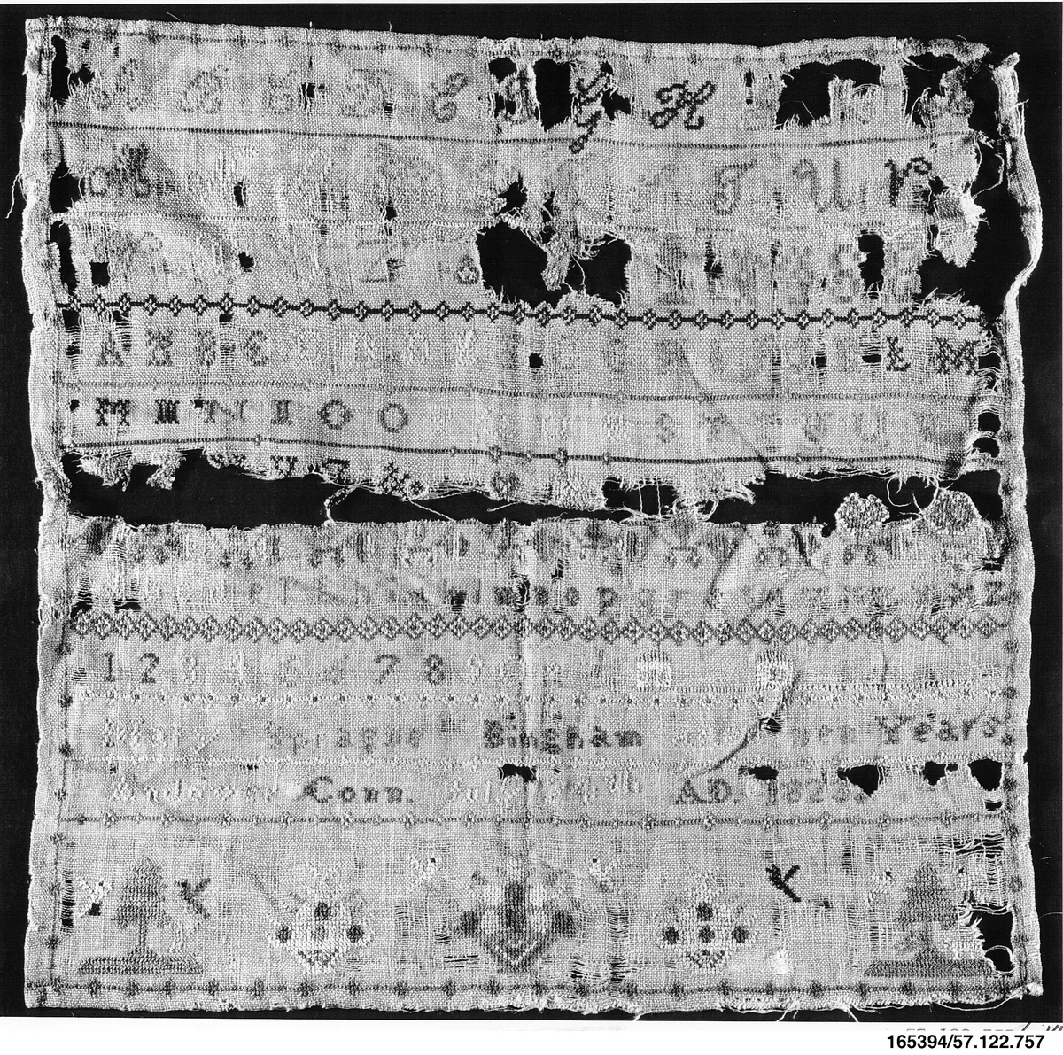 Embroidered sampler by Mary Sprague Bingham, artwork, 1823