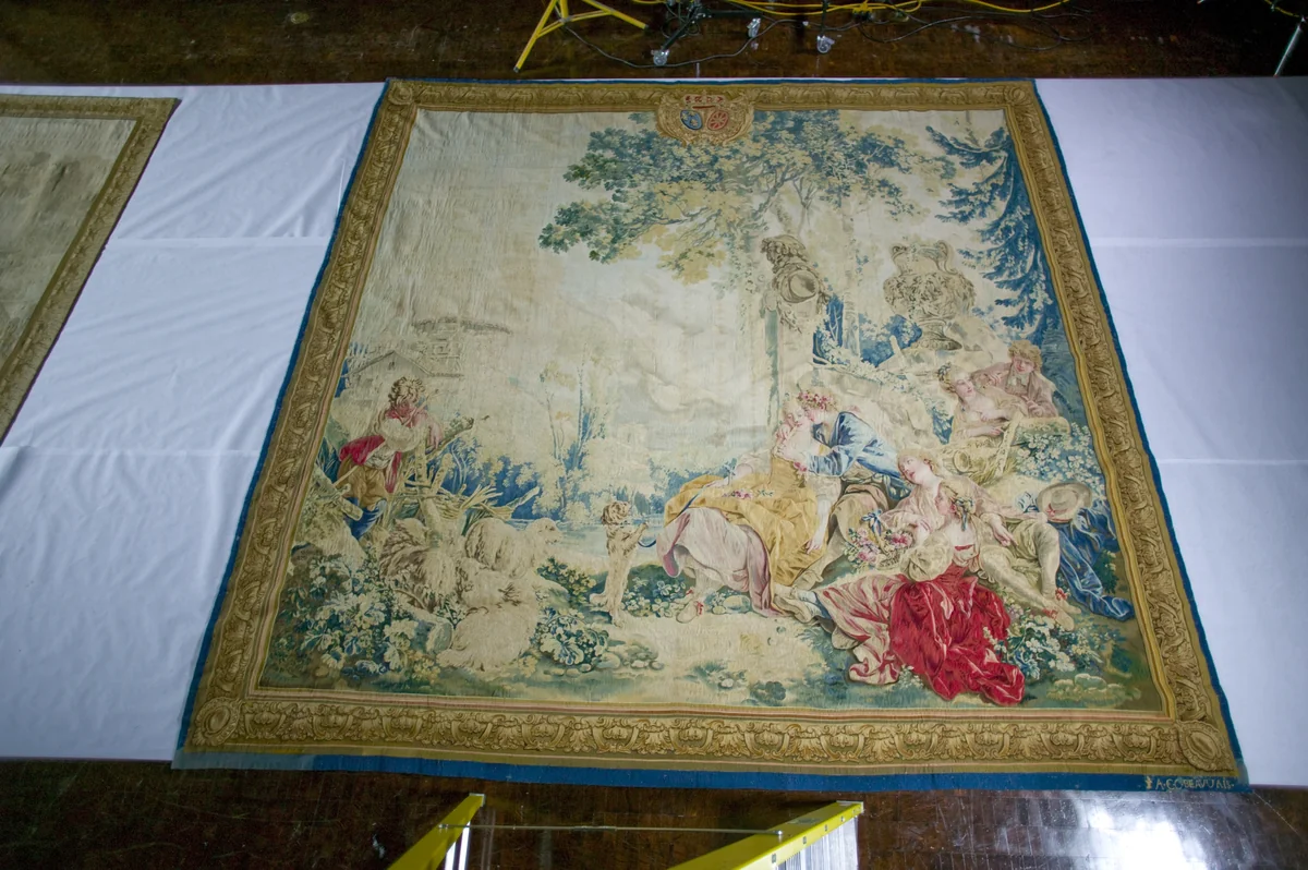 The Flute Player from Set Les Beaux Pastorales by Beauvais, textile, 1775