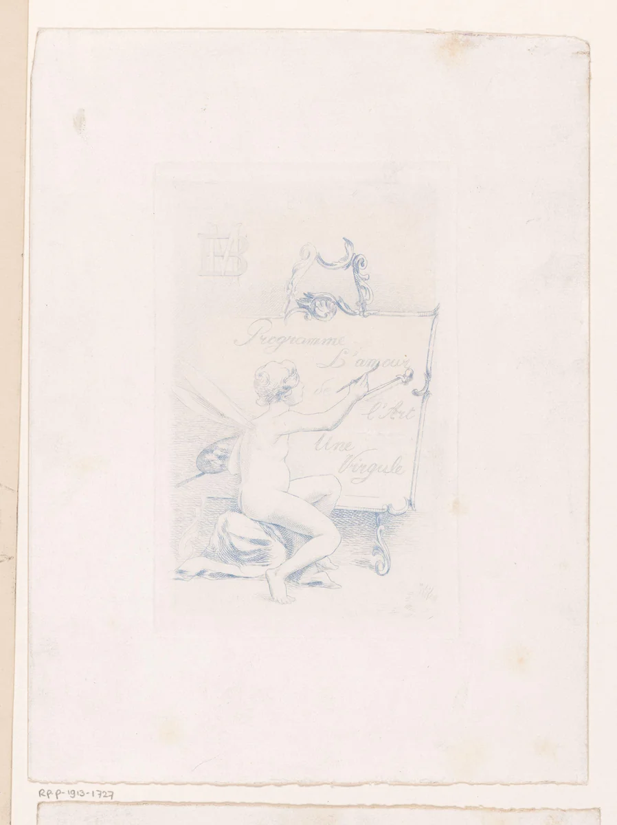 Gevleugeld figuur met palet voor een ezel met ornamentele ranken by Marc Henry Meunier, print, 1883-1913