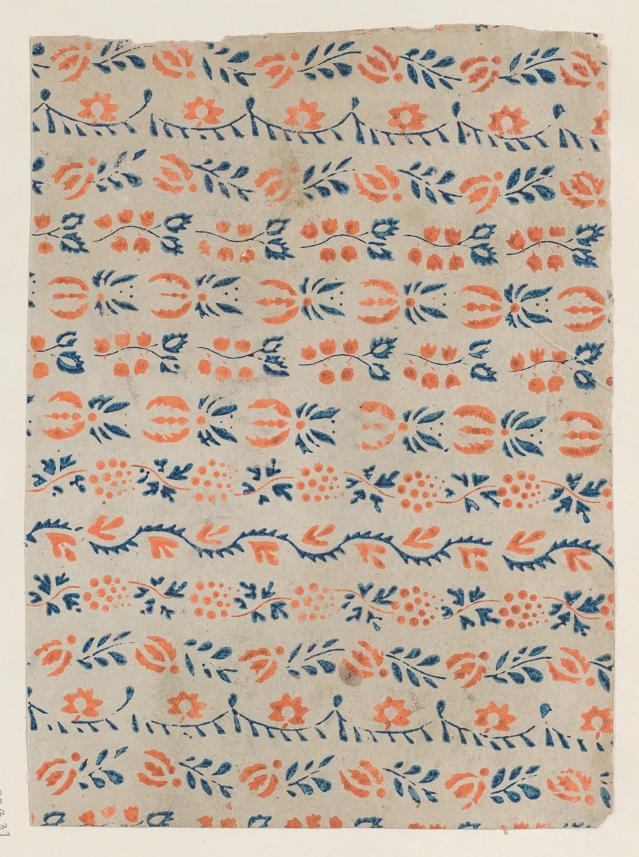 Sheet with blue and orange floral pattern by anonymous, print, 1800-1900