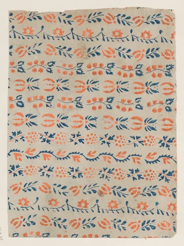 Sheet with blue and orange floral pattern by anonymous, print, 1800-1900