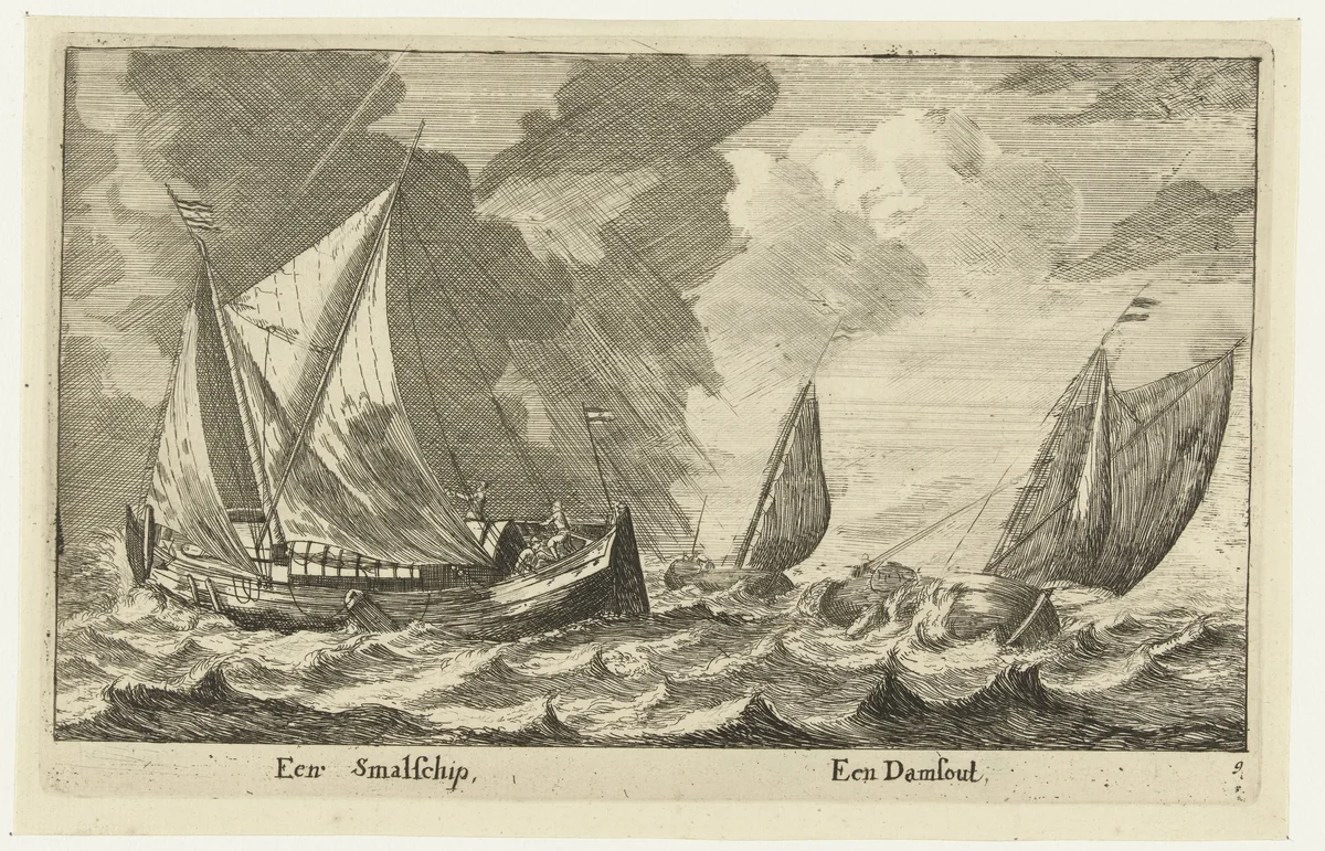 Twee schepen: een smalschip en een damschuit by anonymous, print, 1652-1714