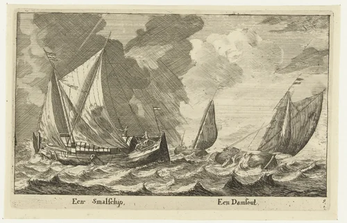 Twee schepen: een smalschip en een damschuit by anonymous, print, 1652-1714