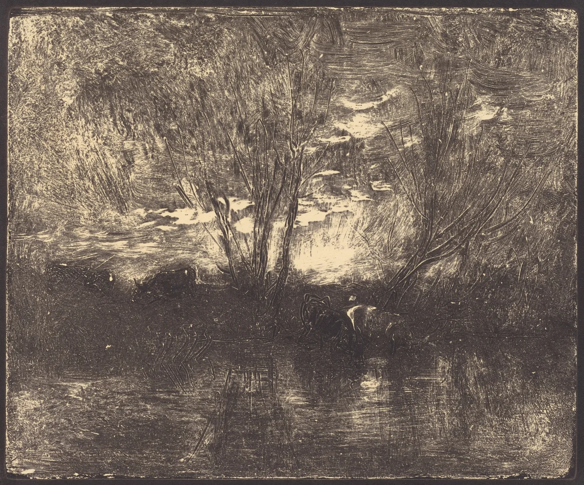 Cows at a Watering Place (Vaches a l'abreuvoir) by Charles-François Daubigny, print, 1862