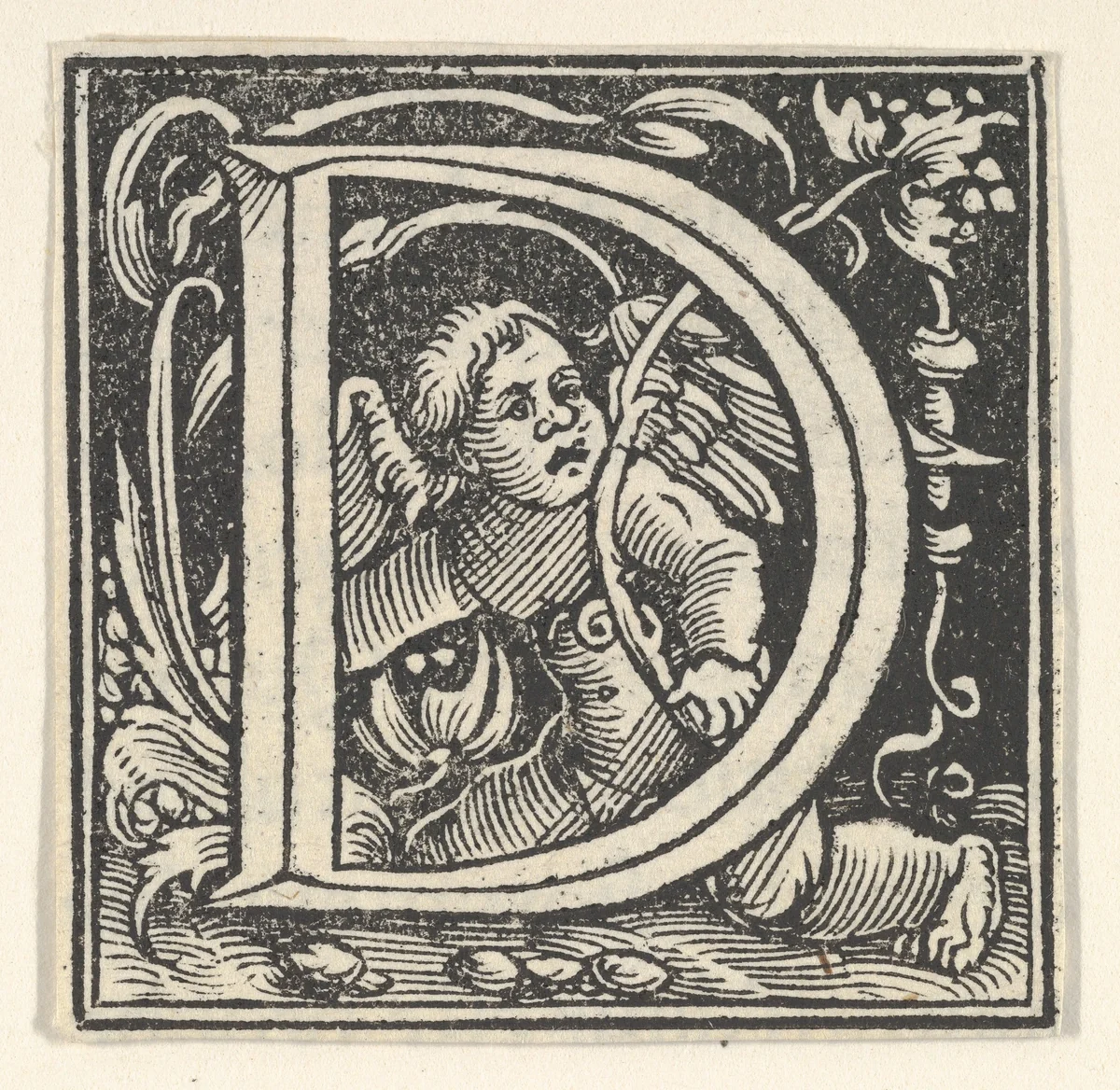 Initial letter D with putto by Heinrich Vogtherr, print, 1533-1540
