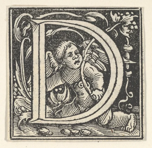 Initial letter D with putto by Heinrich Vogtherr, print, 1533-1540