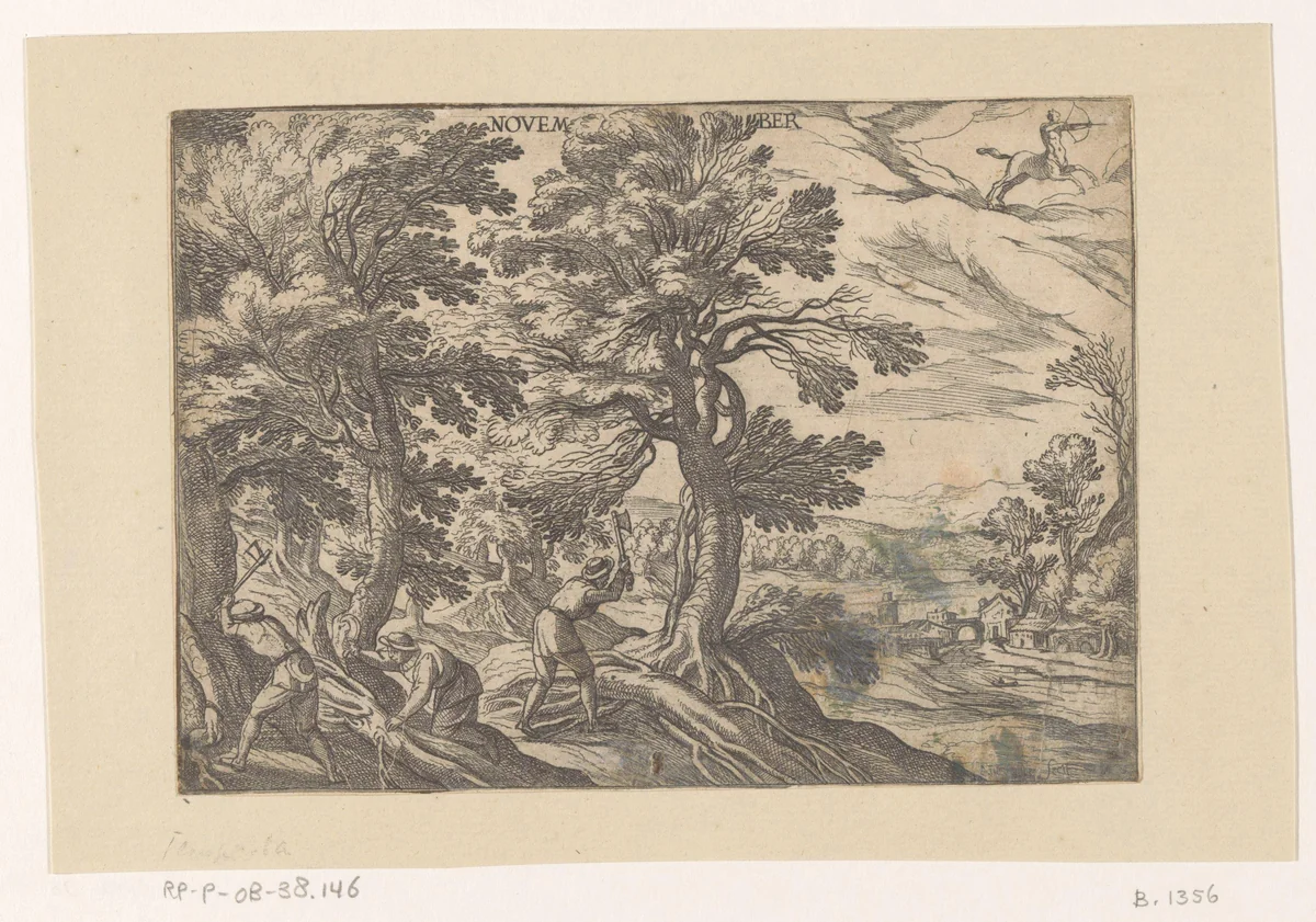 November: houthakken (boogschutter) by Unknown, print, 1575-1613