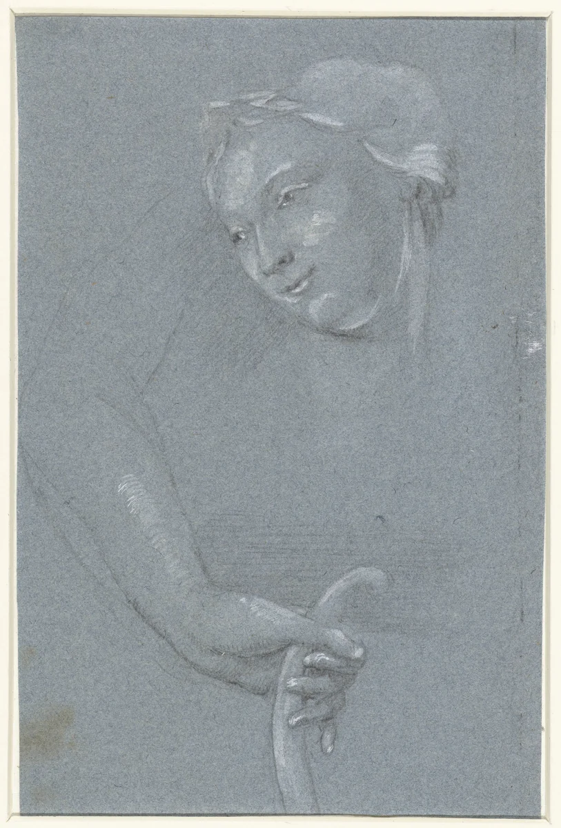 Studieblad met vrouwenkop en een hand met een boog by anonymous, drawing, 1700-1800