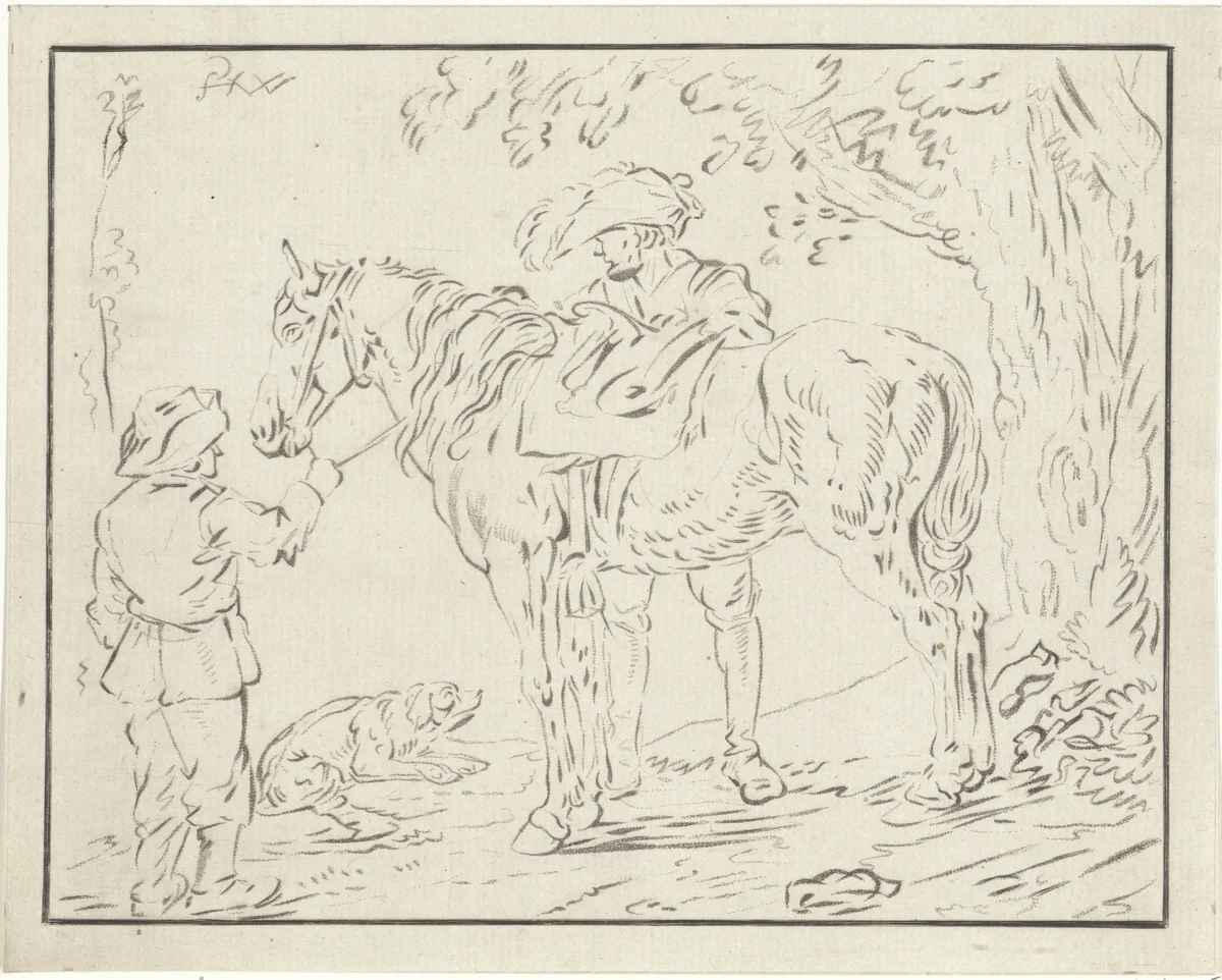 Twee mannen bij een paard by Bernhard Schreuder, print, 1767-1780