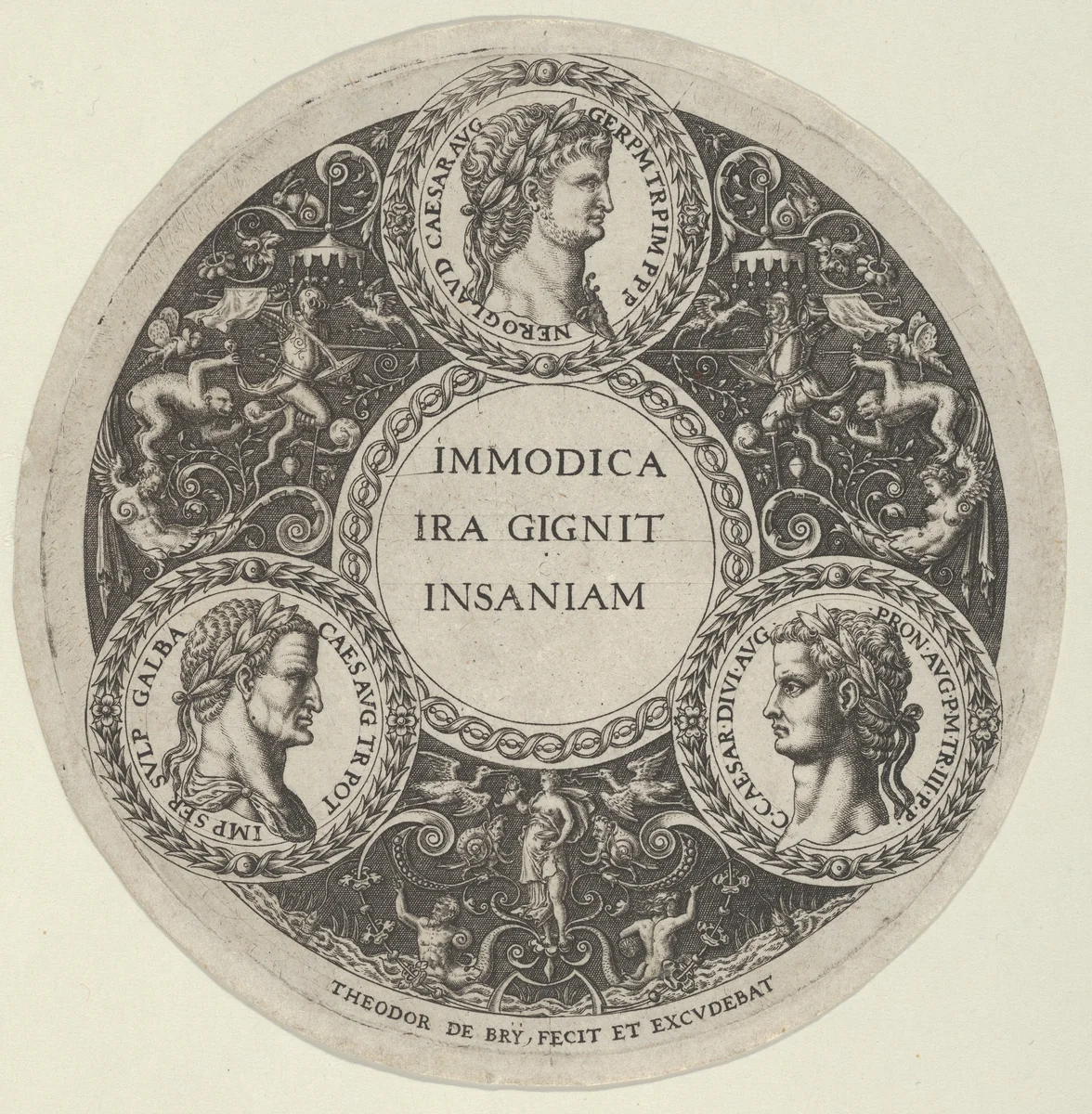 Design for a Dish with Portraits of the Roman Emperors Nero, Galba, and Caligula by Theodor de Bry, print, 1583-1593