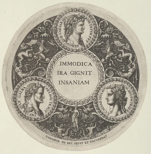 Design for a Dish with Portraits of the Roman Emperors Nero, Galba, and Caligula by Theodor de Bry, print, 1583-1593