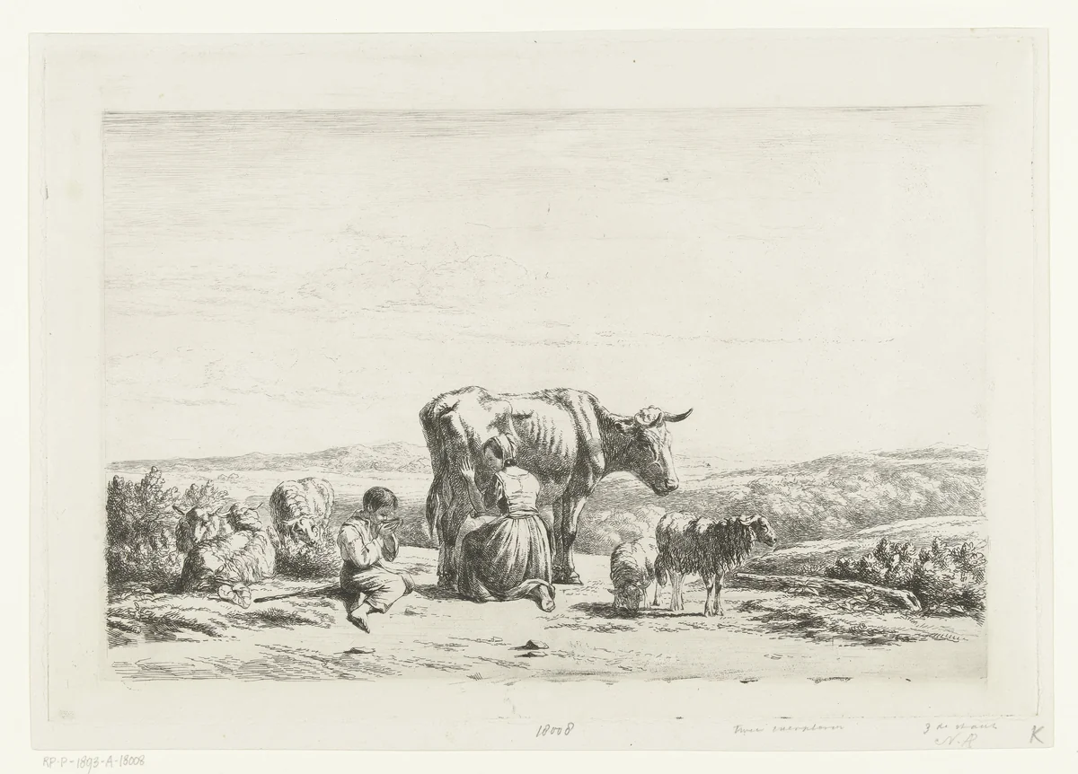 Landschap met vrouw die koe melkt en jongen met schapen by Simon van den Berg, print, 1822-1893