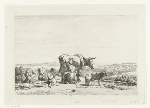 Landschap met vrouw die koe melkt en jongen met schapen by Simon van den Berg, print, 1822-1893