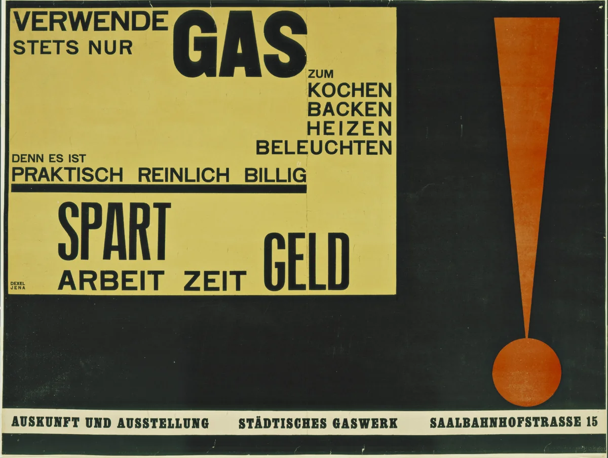 Verwende Stets Nur Gas (Use Only Gas...Saves Work, Time, Money) by Walter Dexel, design, 1924