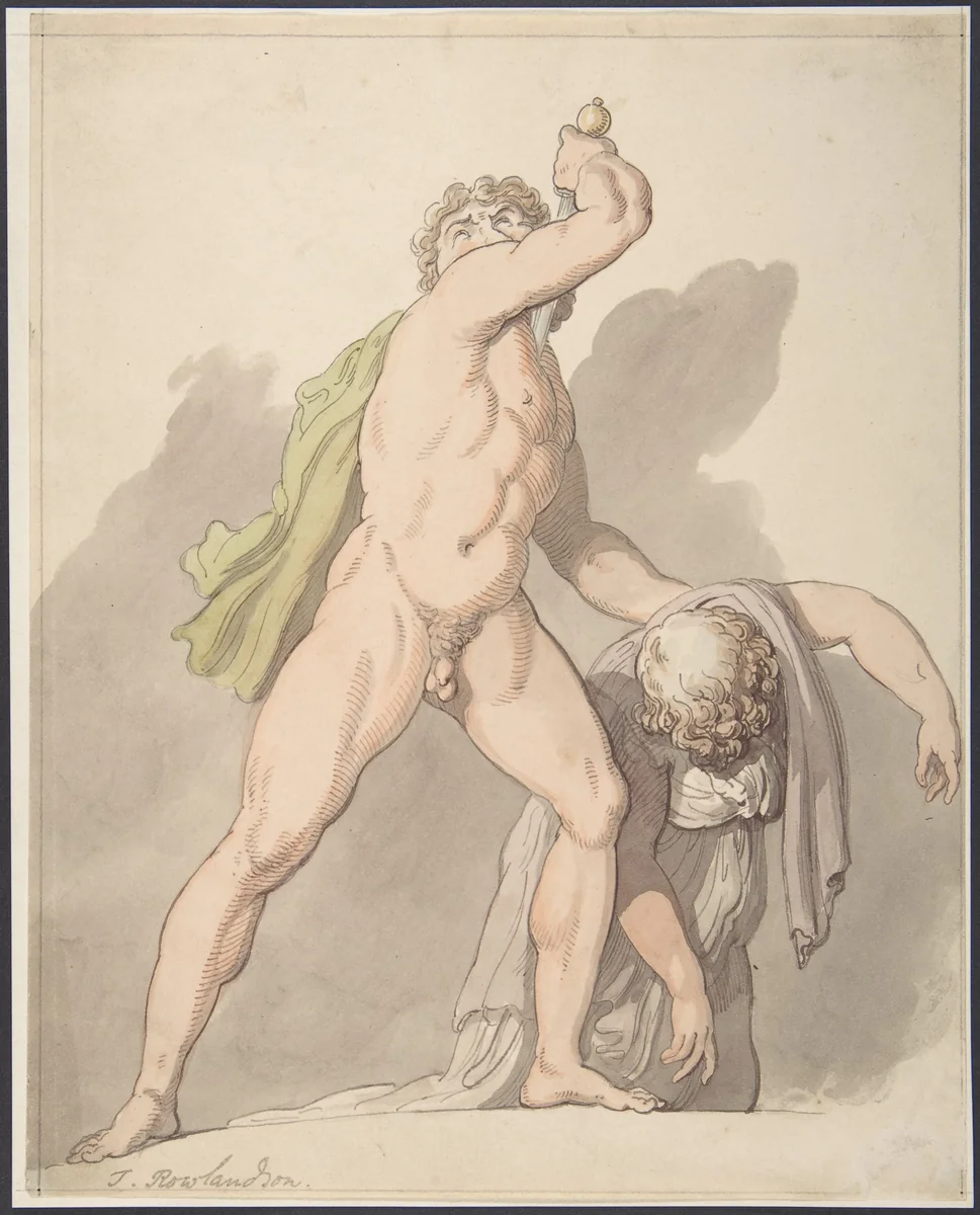 Standing Nude Man Supporting Fainting Female (Ludovisi Gaul in the Uffizi) by Thomas Rowlandson, drawing, 1780-1827
