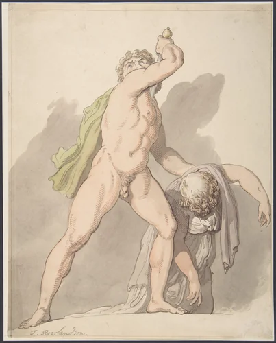 Standing Nude Man Supporting Fainting Female (Ludovisi Gaul in the Uffizi) by Thomas Rowlandson, drawing, 1780-1827